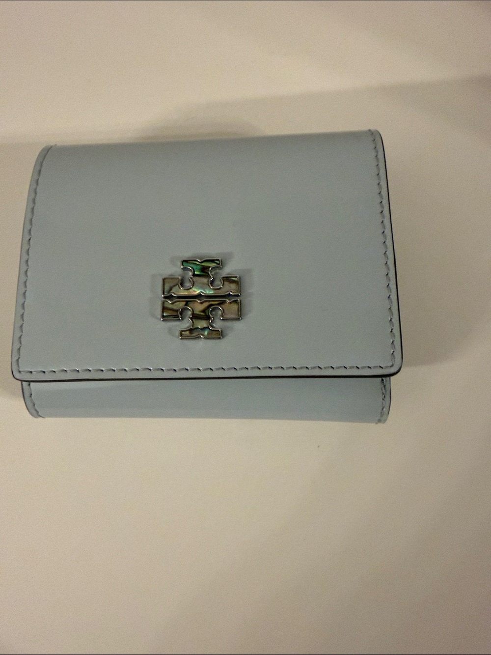 Tory Burch Pale Blue Leather patent Bifold Wallet with abalone Logo